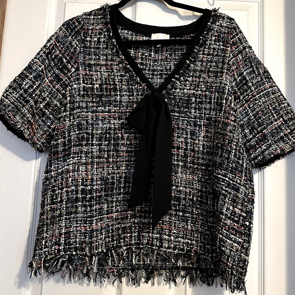 Entro Tartan Tweed Pussy Bow Tie Top M